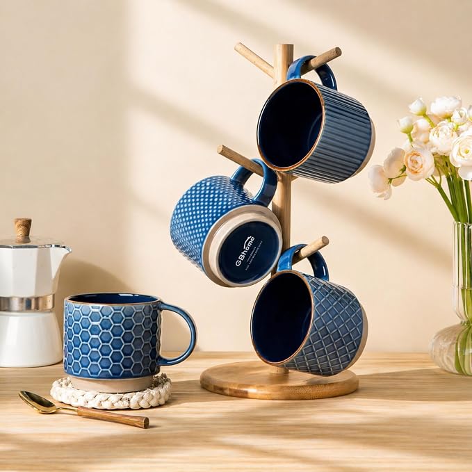 GBhome 15 OZ Stackable Coffee Mugs Set of 4, Ceramic Coffee Cups Set | 4 Assorted Designs, Embossed Mugs with Texture Patterns for Tea/Coffee, Dishwasher&Microwave Safe, Blue - Image 8