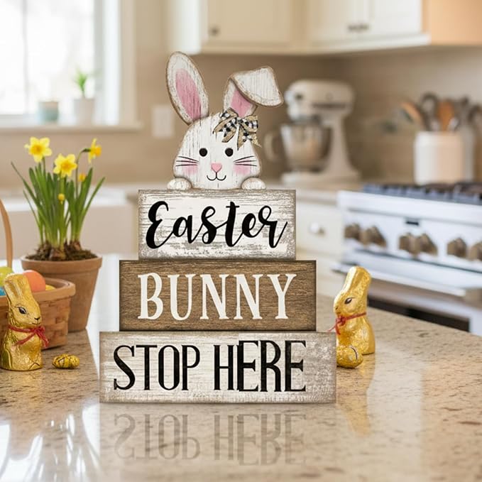 Moucuny 4 Pcs Easter Bunny Table Decoration Stacked Wooden Bunny Block Decor 3-tier Tabletop Sign with 3D Rabbit, Rustic Farmhouse Easter Decorations for Home Egg Hunt Party Centerpiece Gift - Image 8