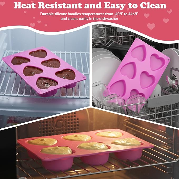 HKNMTT Heart Silicone Molds Valentine's Day for Baking Cake Chocolate Cocoa Bomb, Love Shaped Jello Chocoflan Oreo Moulds, 6 Cavity 2 Pack Soap Craft Oven Safe DIY Handmade Gift Pan - Image 6