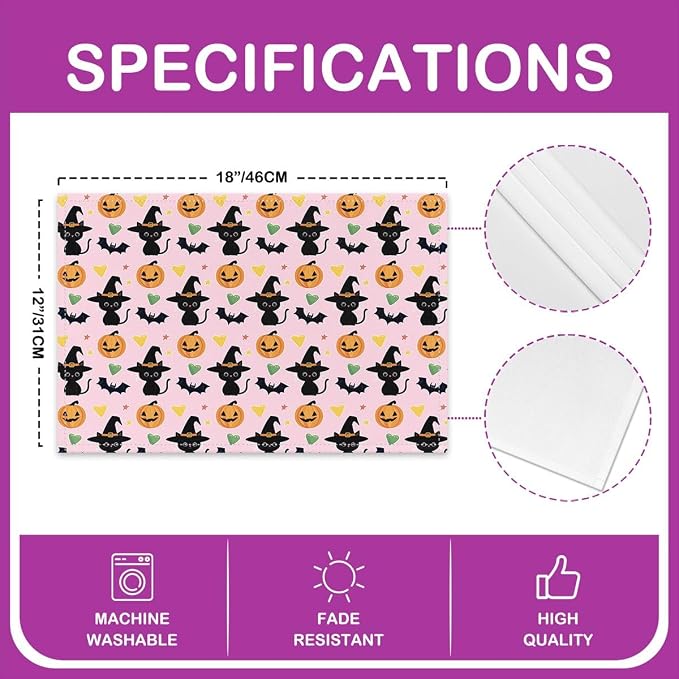 Feelyou Happy Halloween Placemats Set of 4 Cute Ghost Cat Table Mats Pink Orange Green Place Mat for Kitchen Dining Table Party Decor Indoor Outdoor 18"x12" Non-Slip Easy to Clean Pumpkin Lantern Bats - Image 4