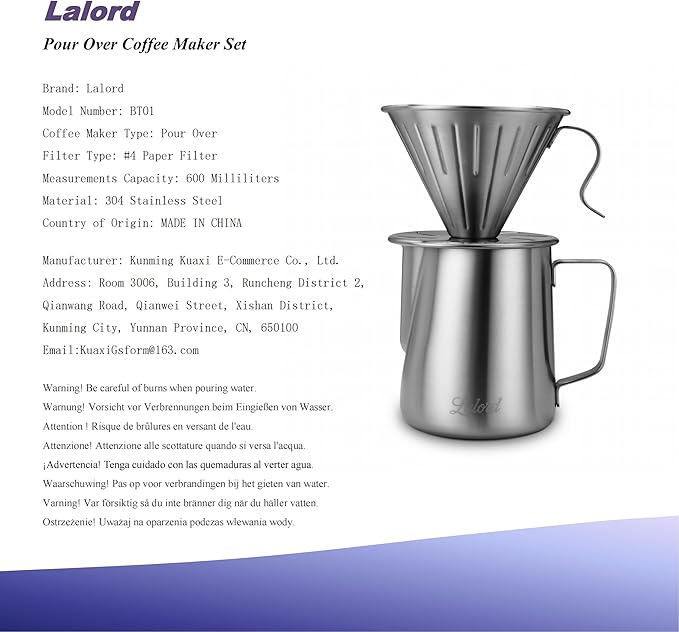 Pour Over Coffee Maker, 304 Stainless Steel wIth 100 pcs V60 Paper Filters & 600ml Milk Frothing Pitcher, for Home & Camping