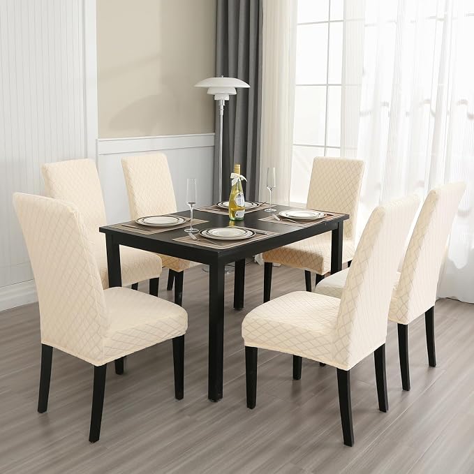 MOSAYT 100% Waterproof Dining Room Chair Covers Set of 4, Super Fit Stretch Jacquard Parson Chairs Slipcovers Removable Washable Chair Seat Protectors for Home, Kitchen, Banquet (Beige) - Image 7