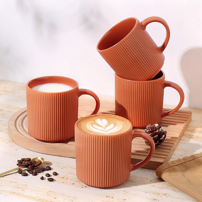 MONITO 16Oz Coffee Mugs Set of 4, Rustic Ceramic Coffee Cups Set with Large Handle, Vintage Striped Stoneware Coffee Mugs for Latte, Cocoa, Tea, Milk, Microwave & Dishwasher Safe, BRICK RED - Image 7