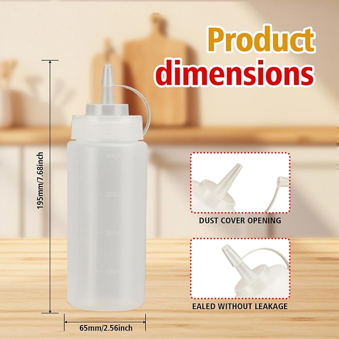 Squeeze Bottles for Sauces,Leak-Proof Condiment Dispenser, BPA-Free Kitchen Restaurant Squeeze Bottle Set with Wide Mouth for Ketchup, Mustard,Syrup,Dressings (White, 2Pack-16oz(400ml))