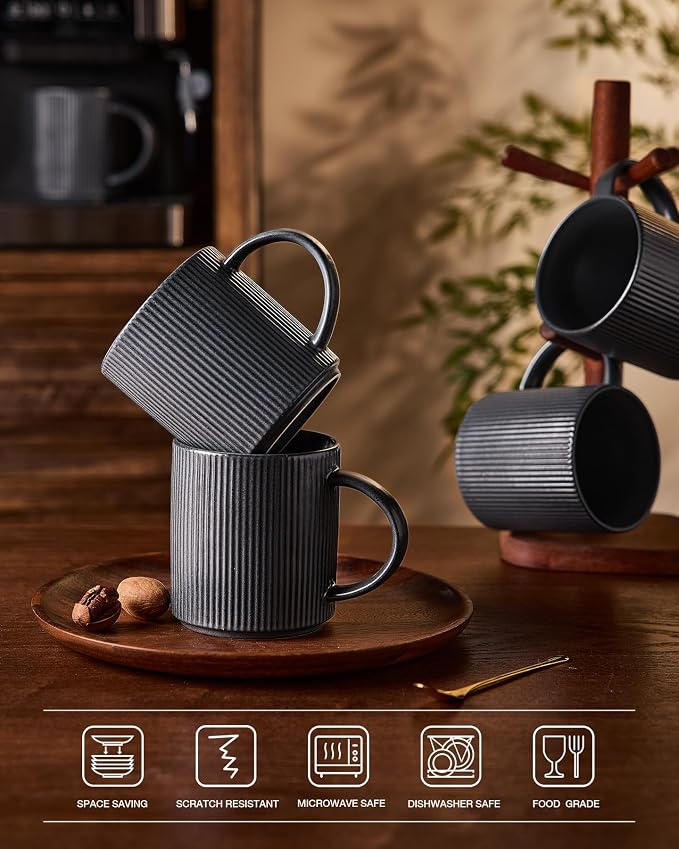 famiware Coffee Mug Set for 6, Star 16 oz Catering Mugs Cup Set with Handle for Coffee, Tea, Cocoa, Milk - Ceramic Stoneware Drinkware Set, Matte Dark Charcoal - Image 7
