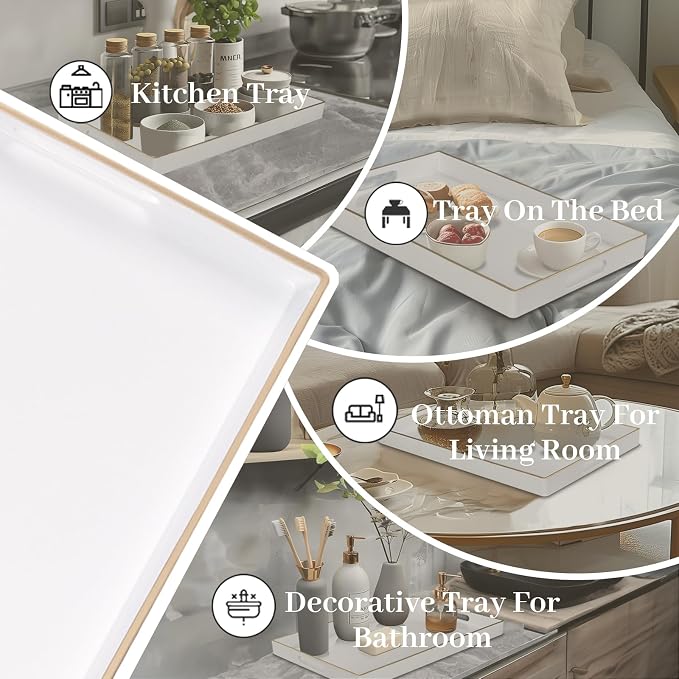 MAONAME White Decorative Tray for Coffee Table, Serving Tray with Handles | Plastic Melamine Tray, Modern Ottoman Tray, Rectangular Countertop Organizer Tray for Living Room, 15.8"L x 10.2"W x 1.4"H - Image 7