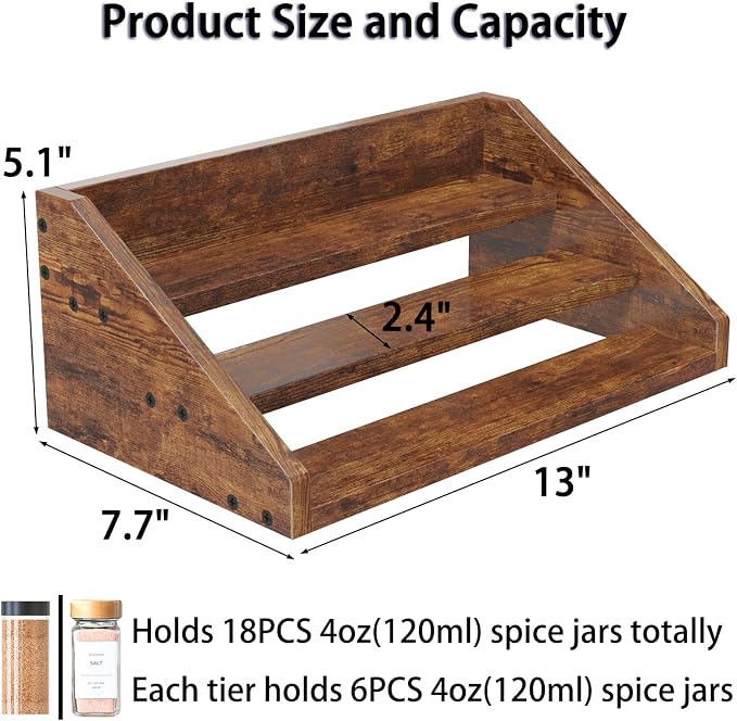 3 Tier Wood Spice Rack Organizer for Cabinet, Super Sturdy Display Riser Shelf Seasoning Organizer for Countertop Pantry Cupboard, Retro Storage Holder for Kitchen Condiment Jar Spice Container - Image 7
