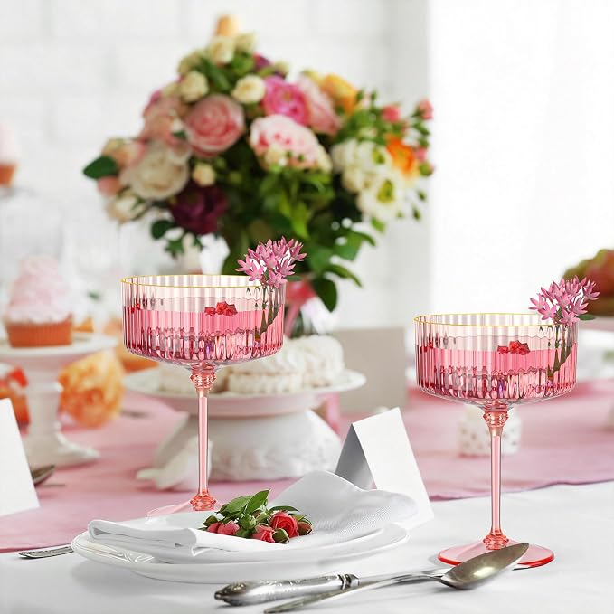 24 PCS Ribbed Coupe Glasses Pink Plastic Champagne Coupe Cup 10oz Detachable Gold Rim Espresso Martini Glass Vintage Margarita Glassware Cocktail Glass for Wedding Bachelorette Party - Image 8