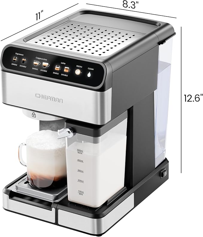 Chefman CaféMaster Pro Espresso Machine, Brew Single or Double Shots, Coffee Maker with Built-In Milk Frother for Cappuccino & Latte, XL 1.8 Liter Removable Water Reservoir - Stainless Steel - Image 8