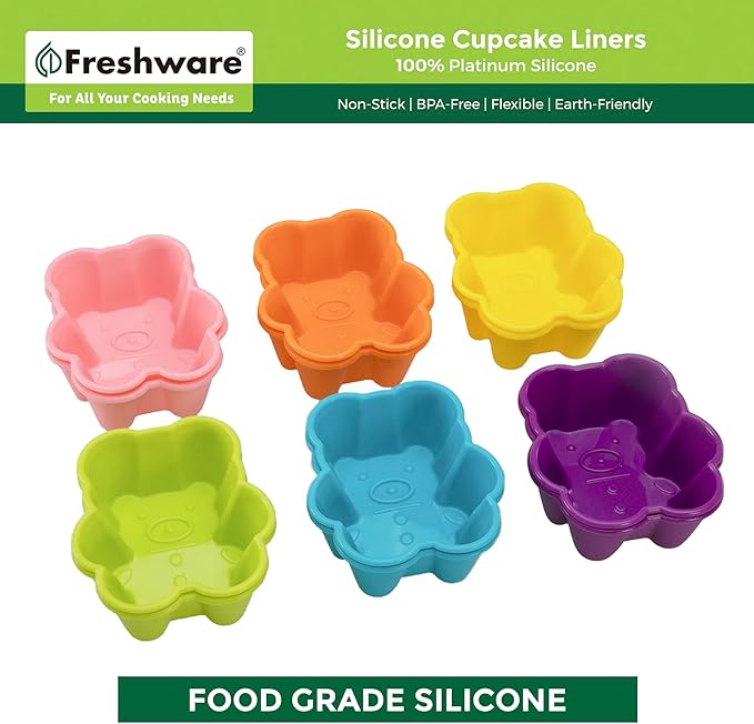 Freshware Cupcake Liners, Pack of 12 Silicone Muffin Cups, 2.9 Inch Silicone Baking Cups, Reusable & Non-stick Cupcake Liners for Party Halloween Christmas, Bear