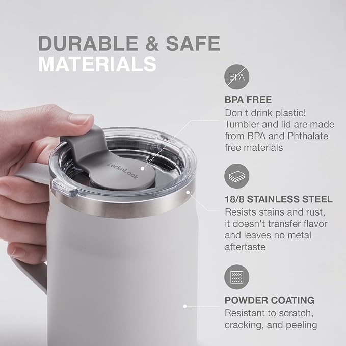 LocknLock Metro Mug, Premium 18/8 Stainless Steel Metal, Double Wall Insulated, Portable Coffee Cup with Lid and Handle for Hot and Cold Drinks, Ivory, 20 oz - Image 5
