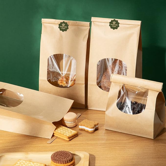 Tenare 50 Pieces Brown Bakery Bags with Window Kraft Paper Bags Christmas Tin Tie Tab Lock and 60 Pieces Adorable Handmade Label Seal Stickers Window for Xmas Coffee Cookie Treat, 4.5 x 2.56 x 9.6" - Image 7