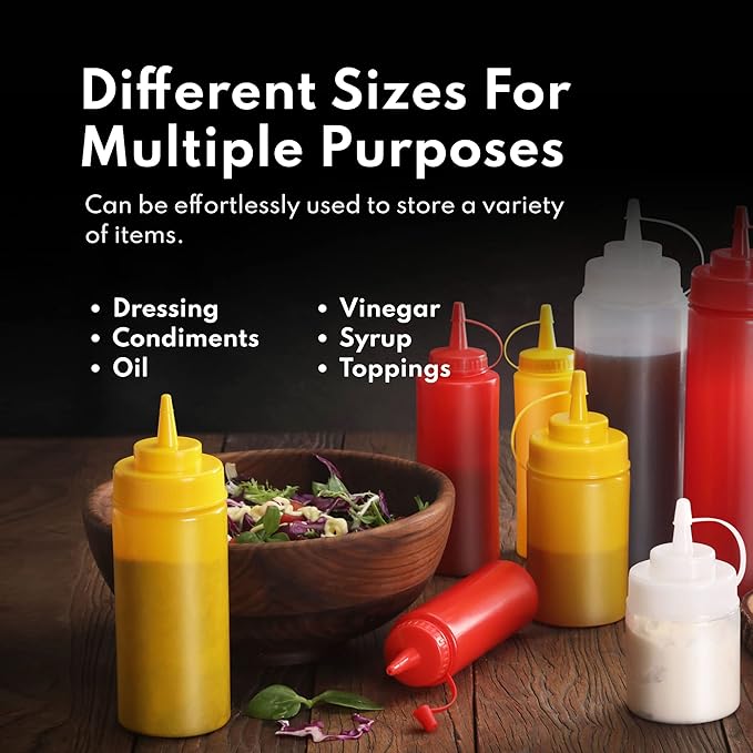 New Star Foodservice Squeeze Bottles, Plastic, Wide Mouth, 32 oz, Clear, Pack of 6