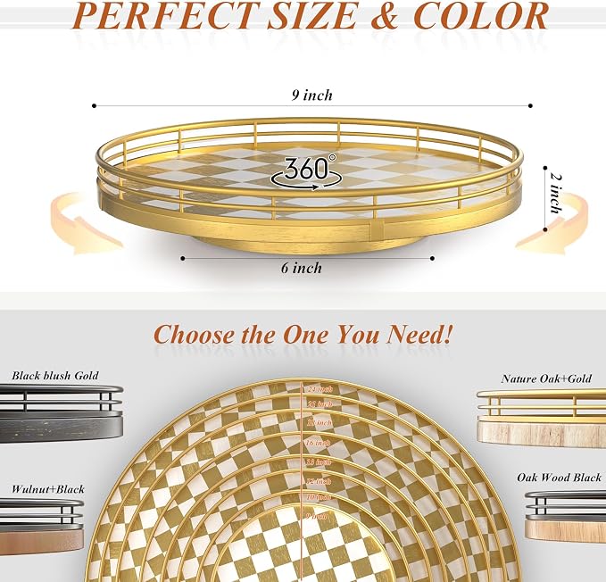 9-Inch Gold Lazy Susan Spice Organizer with Guard Rail | Smooth rotating oak tray with walnut finish for dining tables, kitchen counters, pantries and cabinet storage. - Image 6
