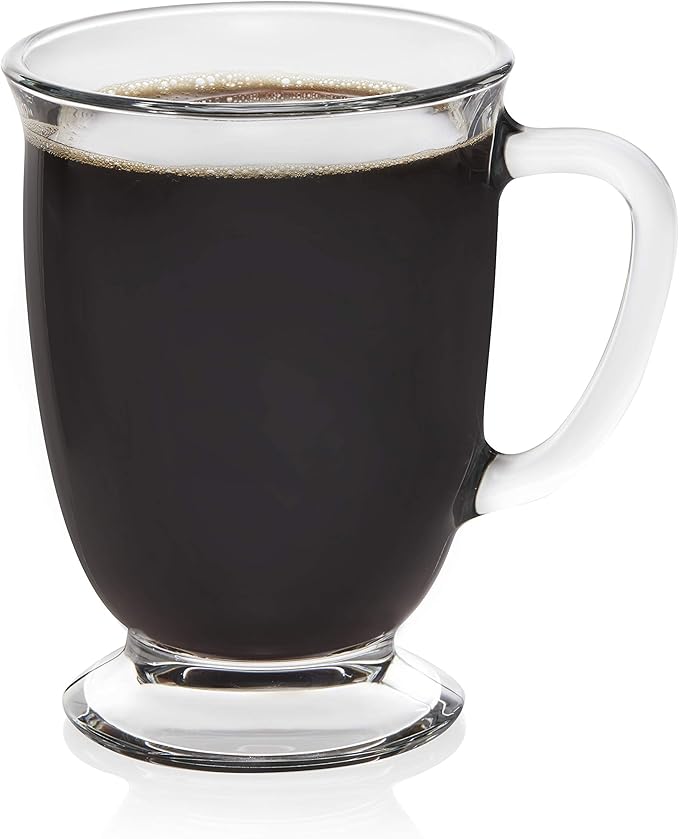 Libbey Kona Glass Coffee Mugs Set of 6, Elegant 16 Ounce Clear Tea Mug, Dishwasher Safe Glass Mugs with Handles for Tea, Coffee,and Espresso