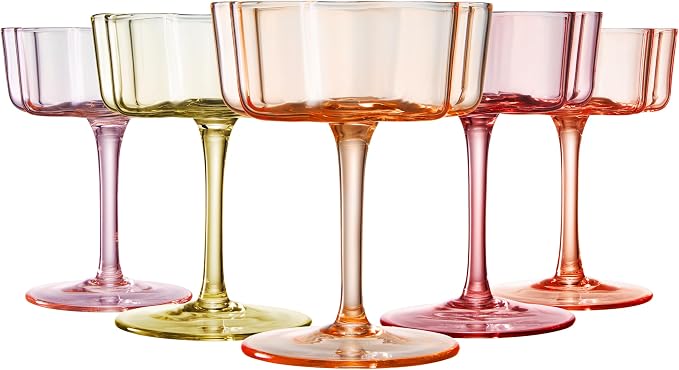 Summer Flower Scalloped Vintage Wavy Petals Wave Glass Coupes 7oz Colorful Martini, Champagne & Cocktails, 5 Set Colored Rippled Champagne Glasses, Elegant Bar Glassware, Aesthetic Coupe Glassware - Image 9