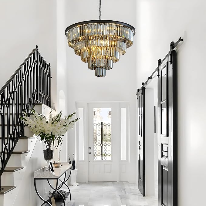 Smoke Gray Crystal Chandelier Modern Large Dining Room Light Fixture | 30''Big Black Round Chandelier,5-Tier K9 Crystal Luxury High Ceiling Pendant for Living Room,Kitchen,Foyer,Staircase,Entryway - Image 9