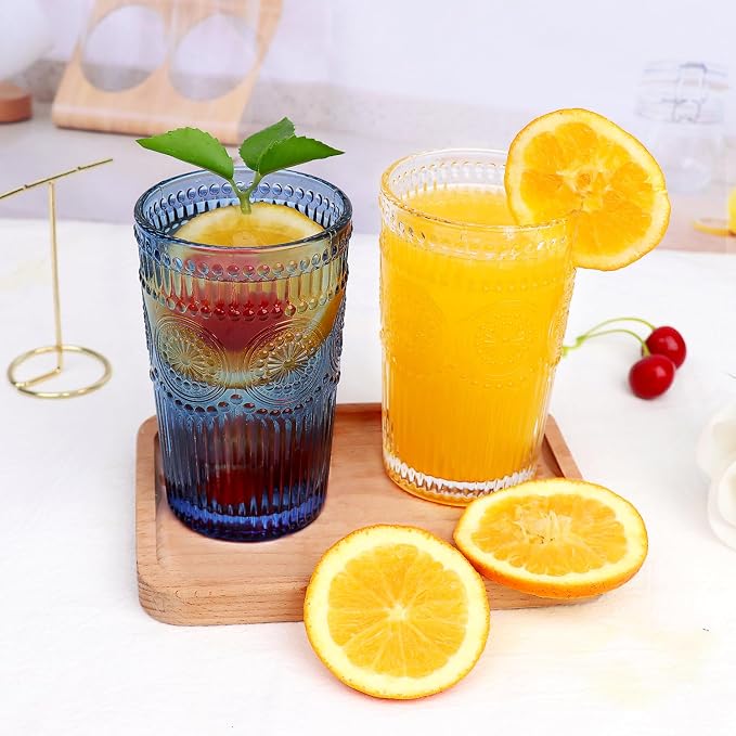Loivttvv 6pcs Vintage Drinking Glasses Set, 12 oz Blue Highball Glasses, Embossed Ribbed Glassware Cups for Cocktail, Water, Juice, Coffee, Whiskey - Image 8
