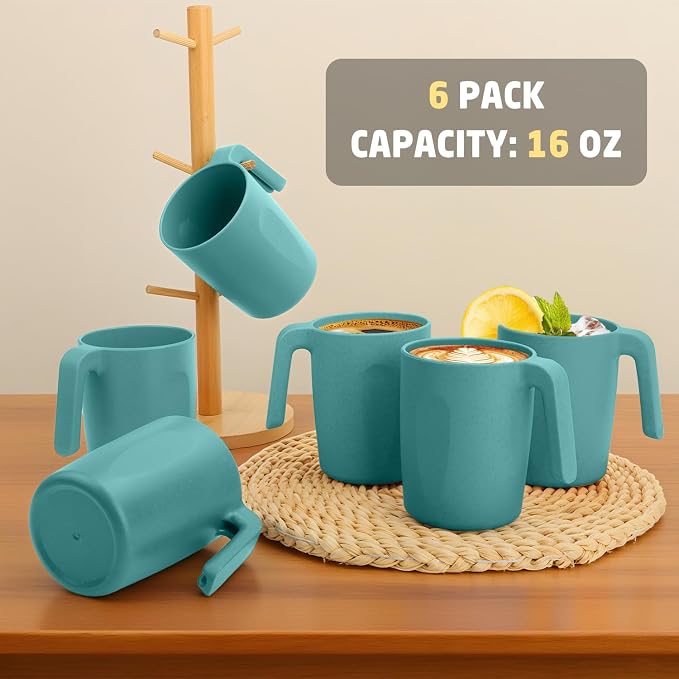Coffee Mug 16 OZ, Wheat Straw Coffee Mugs Set of 6, Unbreakable Water Tumbler, Plastic Mugs with Handles, Microwave and Dishwasher Safe Camping Coffee Cups for RV, Outdoor Activities - Green - Image 7