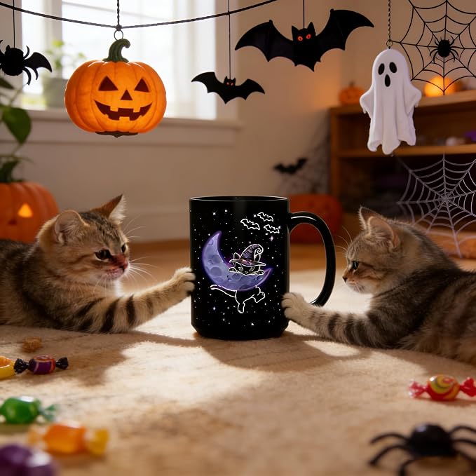 Halloween Witchy Cat Coffee Mug, 15oz Large Tea Cup, Black | Ceramic, With Handle, Celestial Moon Star Design, Gothic Home Decor, Novelty Spooky Gifts for Cat Lovers, Women, Men - Image 9