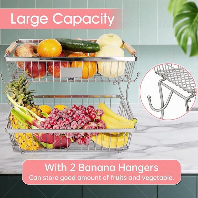 Fruit Basket Bowl 2 Tier Detachable with 2 Banana Hangers, Fruit Stand Holder for Kitchen Countertop, Metal Wire Vegetable Storage Organizer, for Bread Snack Veggies Produce, Chrome - Image 6