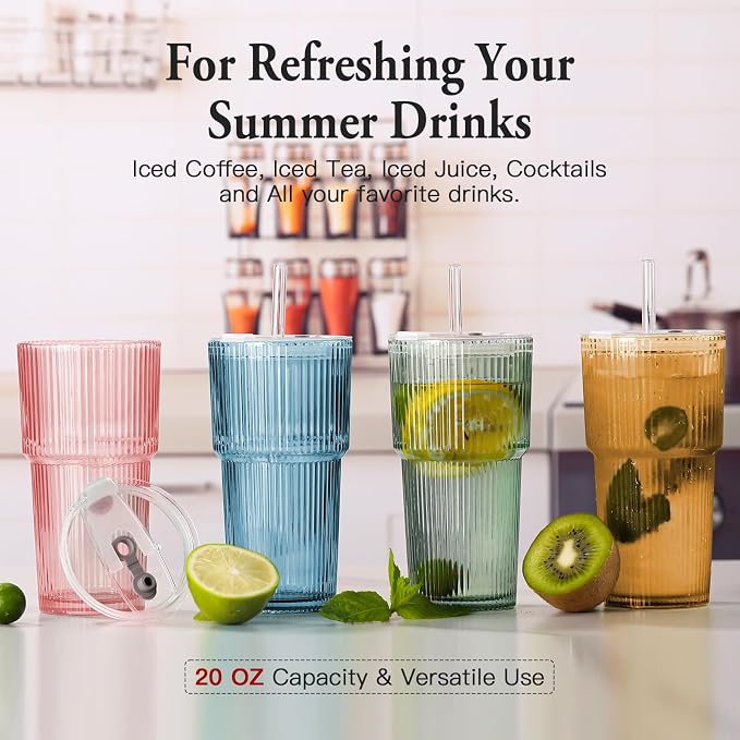 4PCS Colored Ribbed Glass Cups with Lids and Straws, 20oz Vintage Drinking Glasses, Aesthetic Iced Coffee Cups, Glass Tumbler for Boba, Beer, Tea, Cocktails, Ribbed Glassware Set,Colored - Image 7