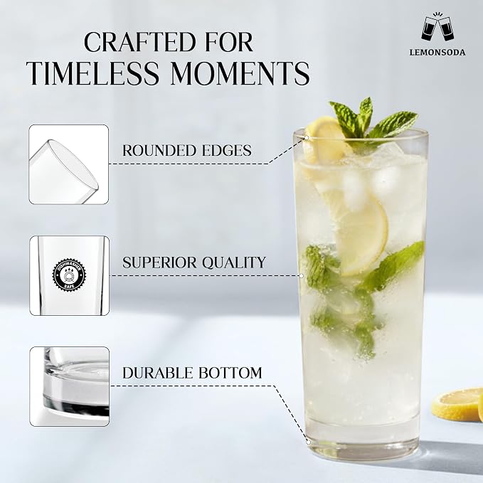 LEMONSODA Premium Highball 12oz/15oz Glass Sets - Elegant Tom Collins Glasses - Tall Water Drinking Glasses - Bar Glassware for Mojito, Whiskey, Cocktail (15oz, Set of 12) - Image 9