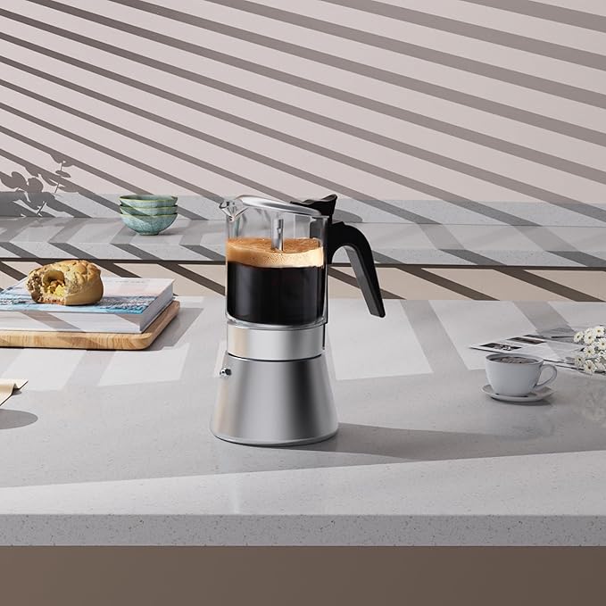 Moka Induction Stovetop Espresso Maker,Crystal Glass-top & Stainless Steel Espresso Moka Pot,Classic Italian coffee maker,240ml(6cup)