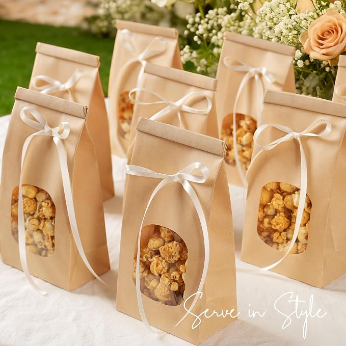 100 Pack Bakery Bags with Window, 3.9x2.3x8 Inches Tin Tie Tab Paper Cookie Bags Brown Small Gift Bag for Packaging Popcorn, Trail Mix, Treats, Snacks, Baked Goods, Party Favors | Grease Resistant - Image 8