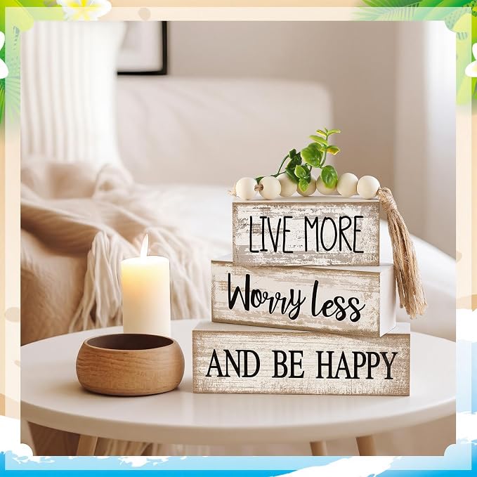 Moucuny 4 Pcs Inspirational Farmhouse Table Decor Rustic Stacked Wooden Block Sign - Live More Worry Less Be Happy Centerpieces Set with Beaded Tassel and Artificial Plant for Home, Office, Shelf Gift - Image 7