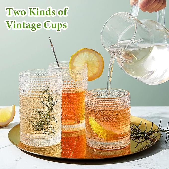 Hlukana Vintage Hobnail Drinking Glasses Set of 8, 12 oz Highball Glasses & 10 oz Cocktail Glasses Set, Kitchen Water Glasses Cup, Bar Tumbler Glassware Set for Beer, Juice, Cocktail, Whiskey, Milk - Image 7