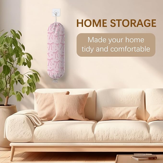 Pink Bow Plastic Bag Holder Dispenser, Plastic Grocery Bag Organizer & Wall Mount Paper Trash Bags Saver Storage for Kitchen Home Pantry Decor, Pink Bow Kitchen Decor Shopping Bags Storage Dispenser - Image 9