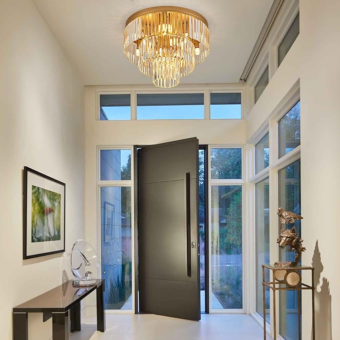 21.65" 10 Light Gold Crystal Ceiling Light for Dining Room | K9 Crystal, Stainless Steel, 3 Tier, E12 Base, Flush Mount, for Kitchen Island Living Room Bedroom Entryway - Image 9