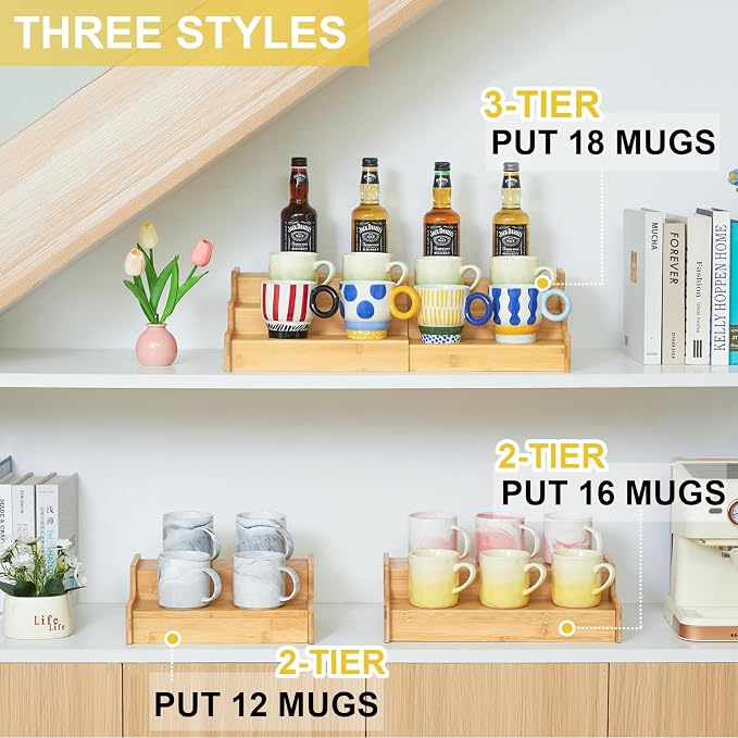 Hongtamoya 3-Tier Expandable Bamboo Mug Holder For Countertop Coffee Cup Holder Display Mug Organizer Mug Rack for Coffee Bar Organizer Mug Shelf for Cabinet for Kitchen, Home - Image 9