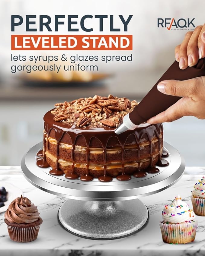 RFAQK 12 Inch Aluminum Alloy Revolving Cake Stand, Cake Turntable for Decorating Rotating Cake Stand for Cupcakes, Pastries and Cake Decorations