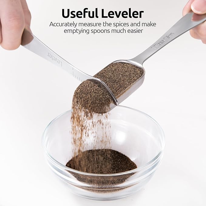 U-Taste Narrow Square Measuring Spoons: 18/8 Stainless Steel Kitchen Measure Teaspoon Tablespoon with Leveler, Polygon Rectangular Metal Jar Scoop for Baking Cooking, Coffee, Spice, Powder (Set of 8)