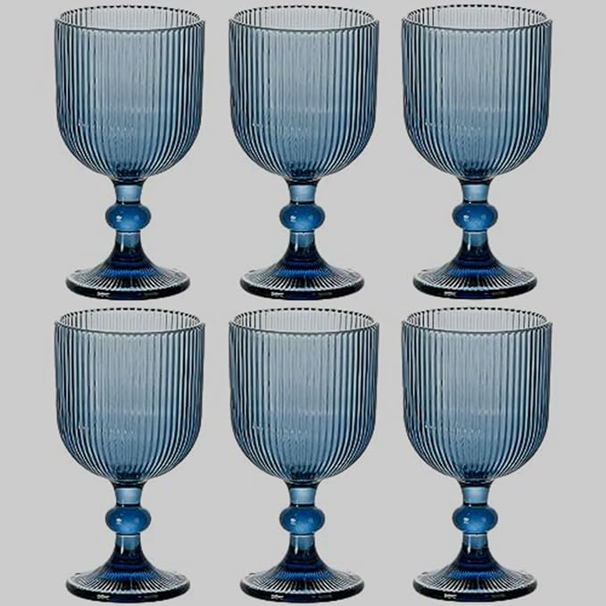 Taganov Blue Glasses Drinking Water Goblets set of 6 Big Vintage Glassware 13oz Colored Wine Glasses for Wedding Party Bar Vertical Line Embossed Pattern Stemmed Cups 400ml - Image 9