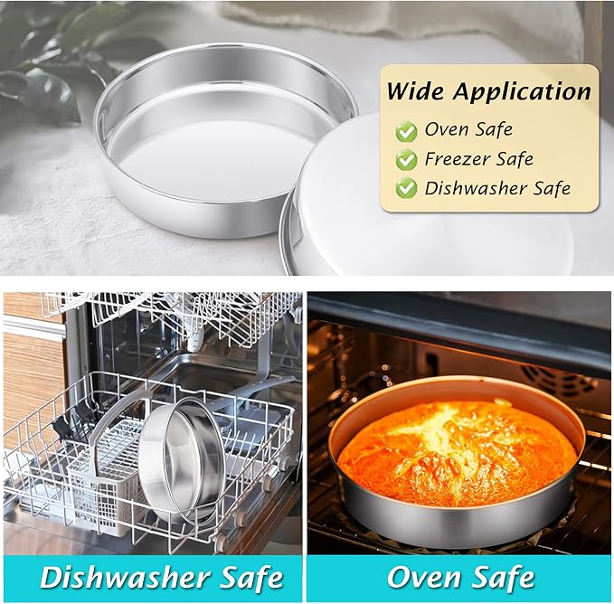 P&P CHEF 9.5 Inch Cake Pan Set of 2, Stainless Steel Round Baking Cake Pans | For Baking Serving, Non Toxic & Healthy, Leak-proof & Easy Clean, Mirror Finish & Easy Releasing, Oven & Dishwasher Safe - Image 7