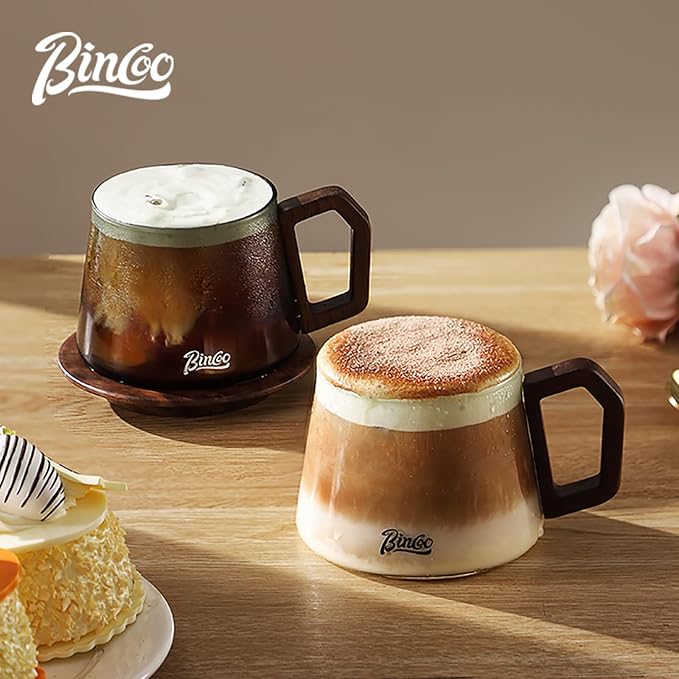 Bincoo Glass Cappuccino Cups 12oz/340ml with Coffee Scoop,Thickened Clear Glass Coffee Mug with Wooden Handle for Espresso,Latte,Tea