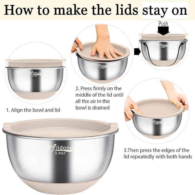 Wildone Mixing Bowls with Airtight Lids, Stainless Steel Mixing Bowls Set | Metal Bowls with 3 Grater Attachments & Non-Slip Bottoms, Size 5, 4, 3, 2,1.5, 0.63QT, Includes Utensil Set for Prep, Khaki - Image 7