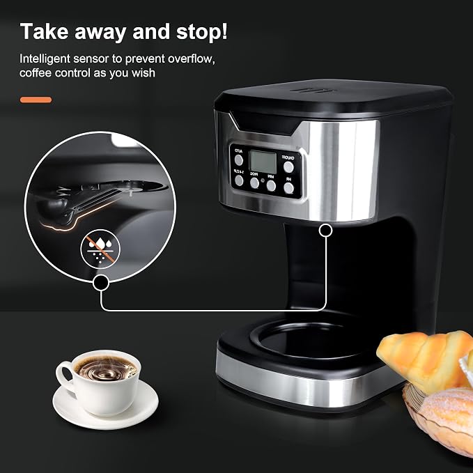 12 Cup Programmable Drip Coffee Maker, Fully Automatic Brewer | Features 1-4 Cup Select Setting, Programmable Timing, Automatic Drip Coffee Machine for Home & Kitchen Use, Stainless Steel - Image 7