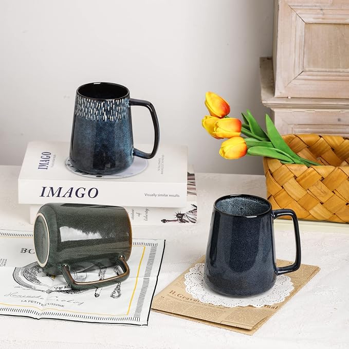 Large Ceramics Coffee Mugs,24 OZ,with Spoon and Wooden Lid,for Coffee,Tea,Large Handle Design,Microwave and Dishwasher Safe(Color:24 oz star blue set) - Image 6