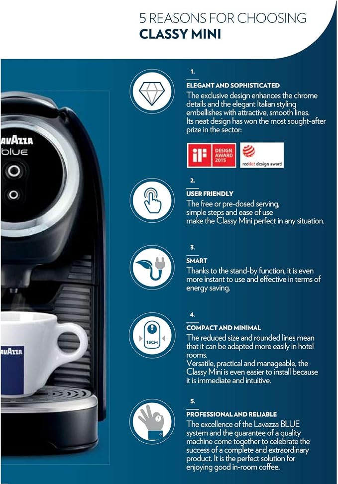 Lavazza BLUE Classy Mini Single Serve Espresso Coffee Machine LB 300, 5.3" x 13" x 10.2" 2 Coffee selections: simple touch controls, 1 programmable free dose and 1 pre-set - Image 8