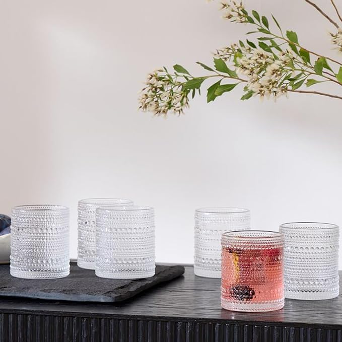 Hobnail Drinking Glasses set of 6 (13 oz), Vintage Glasses Drinking Set Cocktail Glasses, Embossed Glass Cup for Kitchen, Tumbler Glassware Set for Beer, Juice, Cocktail, Whiskey and Milk - Image 7