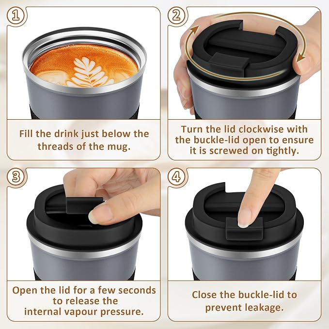 KETIEE Travel Coffee Mug Spill Proof 12oz, Insulated Reusable Coffee Cups with Seal Lid, Vacuum Stainless Steel Travel Mug to Go Car Tumbler for Hot/Iced Drinks (Grey) - Image 9