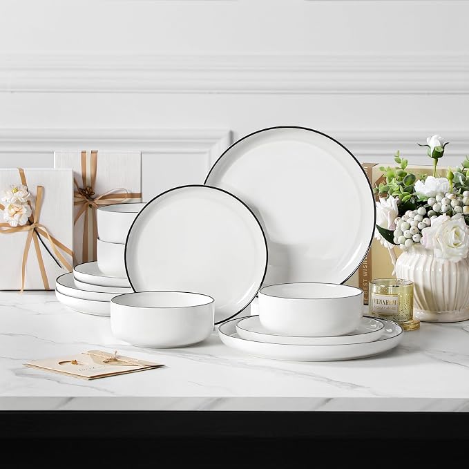 MALACASA Plates and Bowls Sets, 12 Pieces Modern Porcelain Dinnerware Set for 4 White Kitchen Dinner Dining Ware Set wtih Black Rim Ceramic Dishware Dishes Microwave and Dishwasher Safe, Series LUNA - Image 9