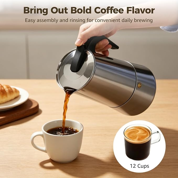 12 Cup 600 ml Moka Pot, Stainless Steel Stovetop Espresso Maker with Anti Scalding Handle, European Percolator Coffee Pot for Home Kitchen, Cafe, Restaurant, Induction, Gas, Electric Stoves - Image 6