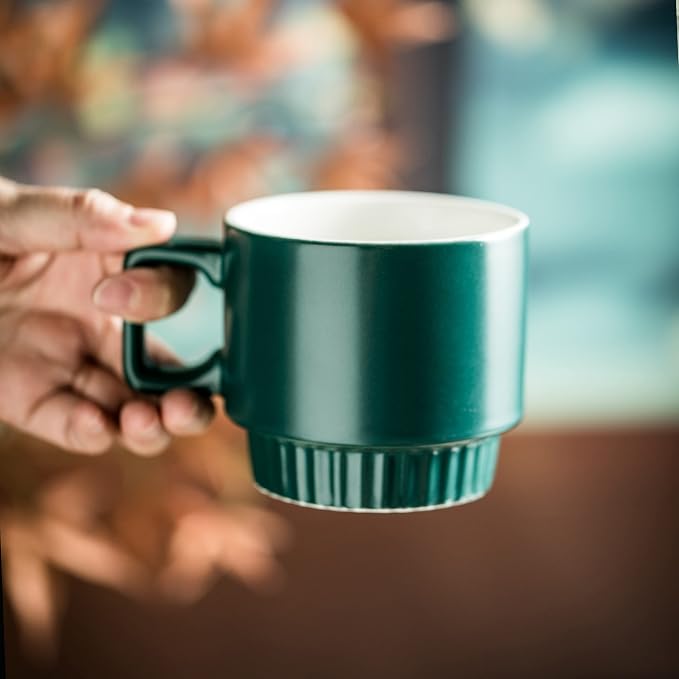 Miamolo Stackable Coffee Mugs Set of 4 with Holder Spoons 11oz Ceramic Cappuccino Cups for Espresso Latte Tea Drinks, Father's Day,Dishwasher & Microwave Safe, Green - Image 9