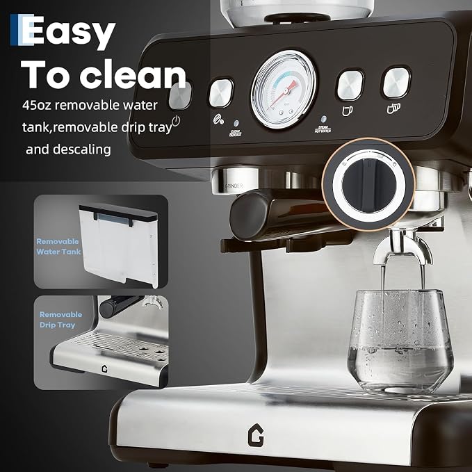 Espresso Machine with Grinder, 20 Bar Espresso Maker with 30-Setting Precision Coffee Grinder & Steam Wand, 1450W Semi-Automatic Coffee Machine with 2.8L Water Tank for Latte Cappuccino - Image 7