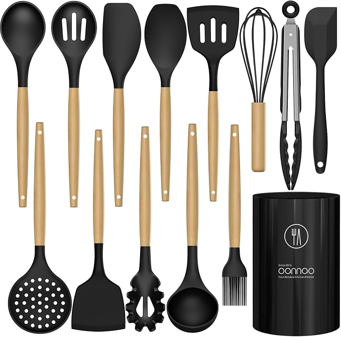 oannao Silicone Cooking Utensils Set Utensil Sets - 446°F Heat Resistant Silicone Kitchen Utensils Set Wooden Handles, Silicone Utensils for Cooking w Holder for Non-Stick Cookware BPA FREE (Black) - Image 9